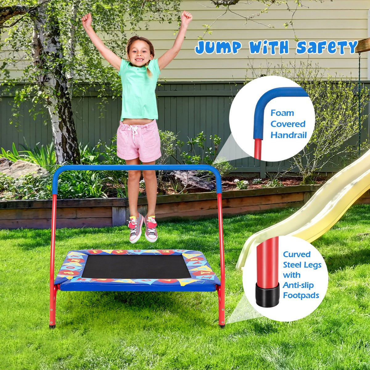 Square Toddler Trampoline with Foam Covered Handle for Kids of 3-7