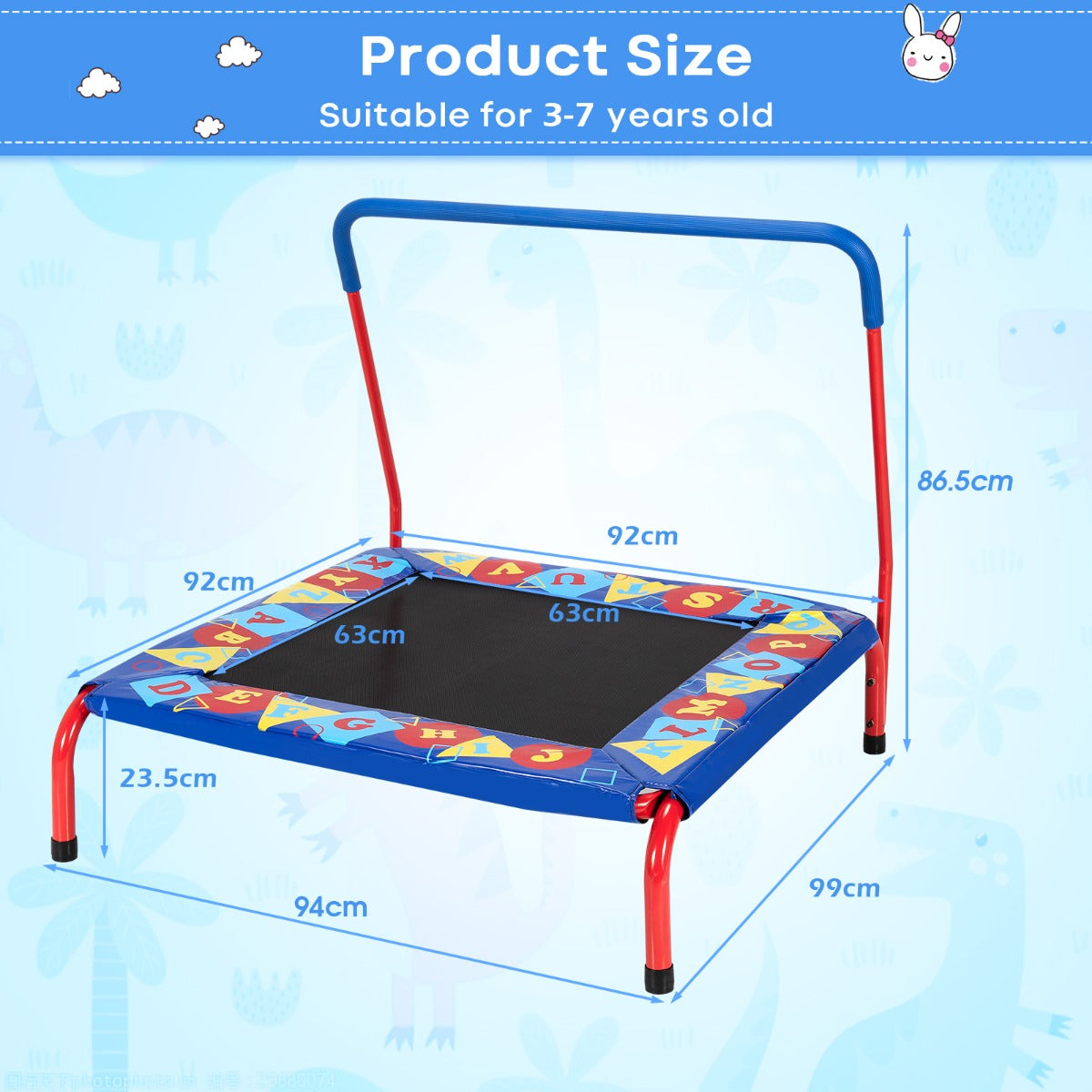 Square Toddler Trampoline with Foam Covered Handle for Kids of 3-7