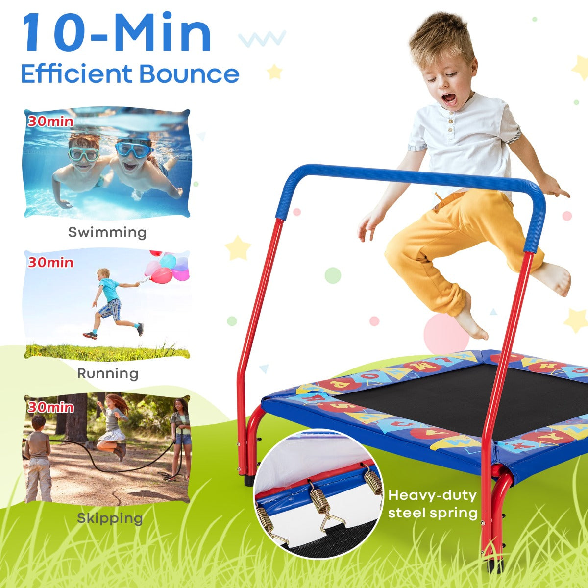 Square Toddler Trampoline with Foam Covered Handle for Kids of 3-7