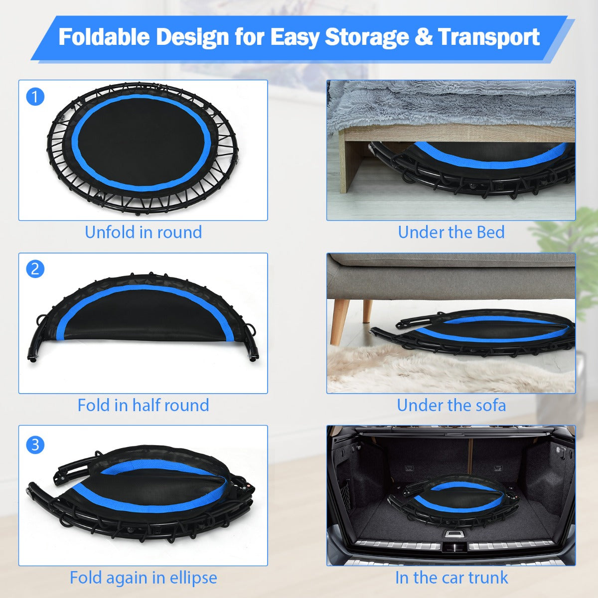 40 Inch Foldable Trampoline with 2 Resistance Bands