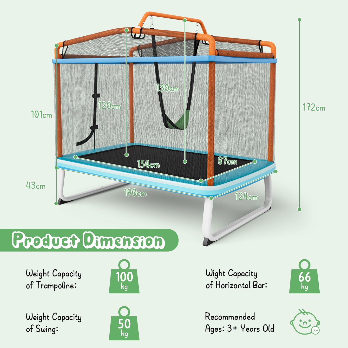 3-in-1 Rectangle Trampoline for Kids with Swing and Horizontal Bar