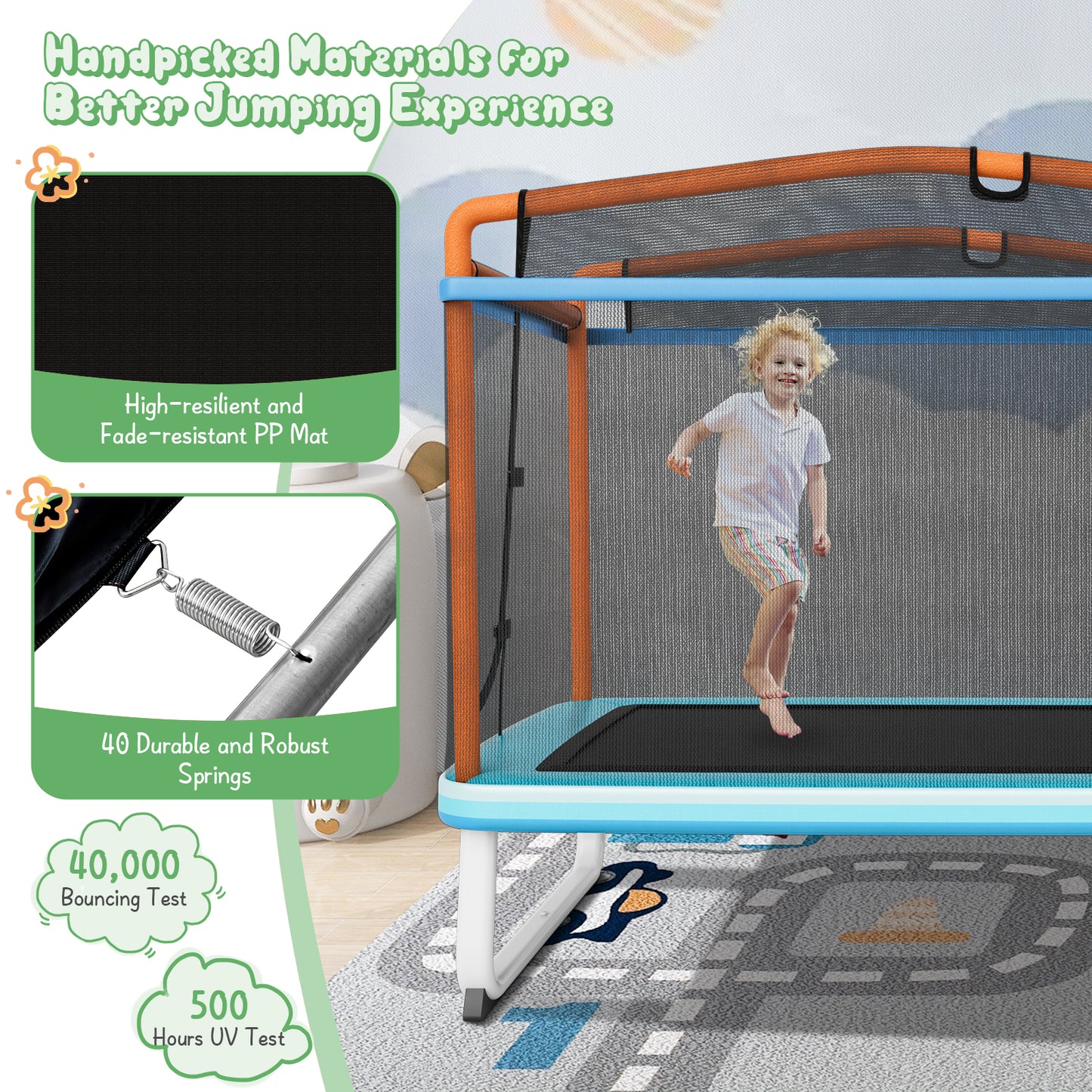 3-in-1 Rectangle Trampoline for Kids with Swing and Horizontal Bar