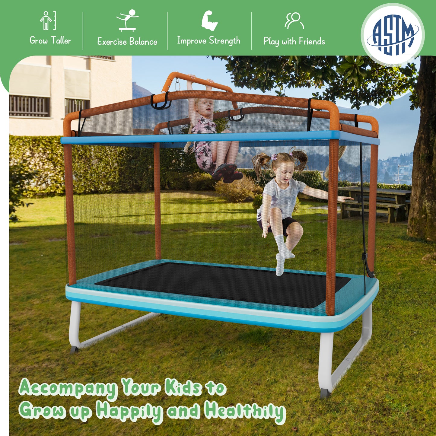 3-in-1 Rectangle Trampoline for Kids with Swing and Horizontal Bar