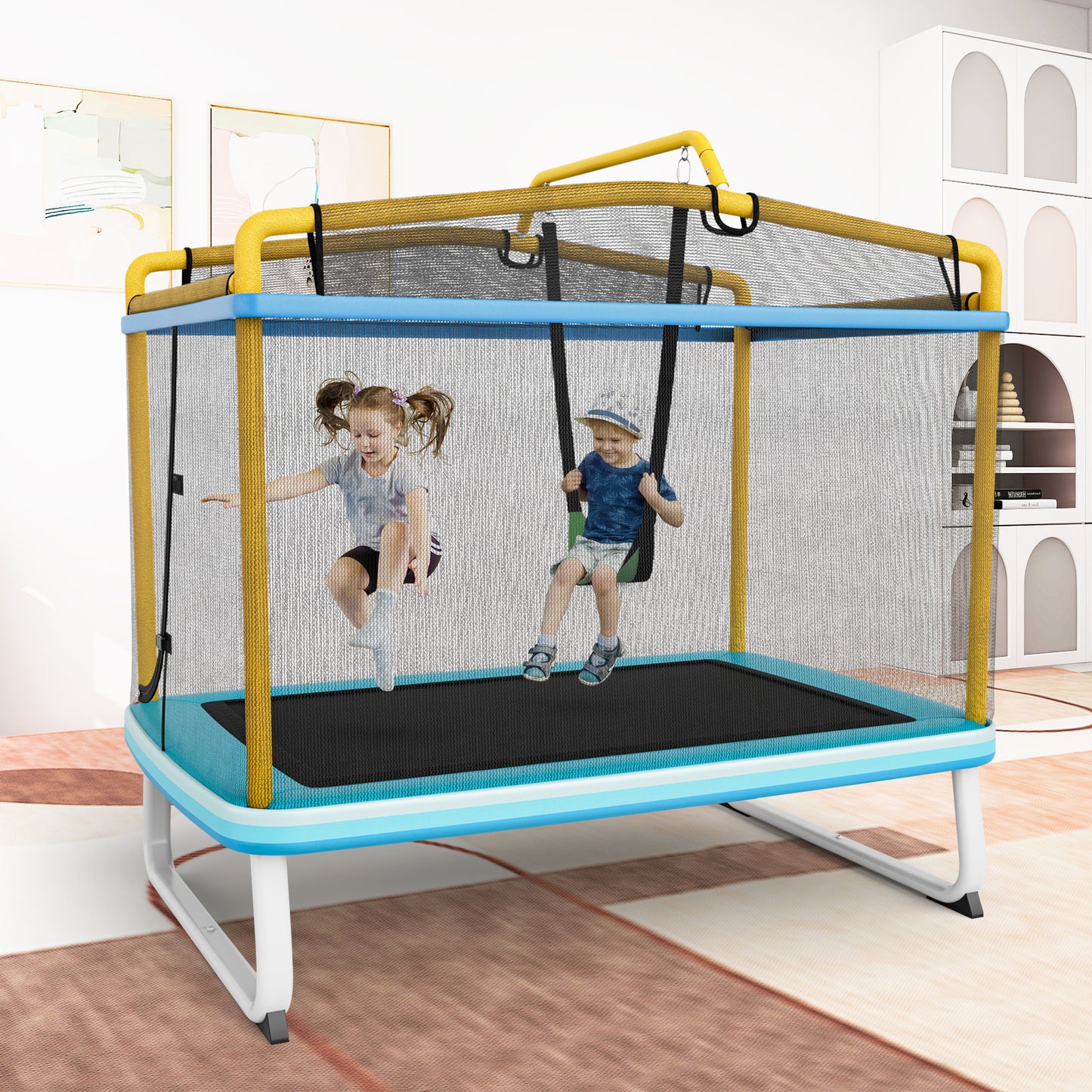 3-in-1 Rectangle Trampoline for Kids with Swing and Horizontal Bar