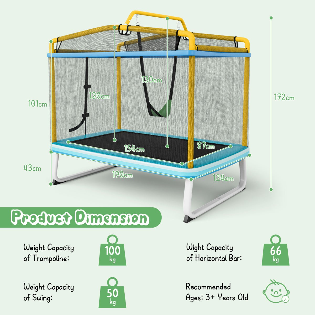 3-in-1 Rectangle Trampoline for Kids with Swing and Horizontal Bar