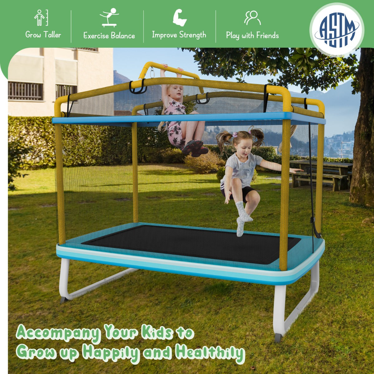 3-in-1 Rectangle Trampoline for Kids with Swing and Horizontal Bar