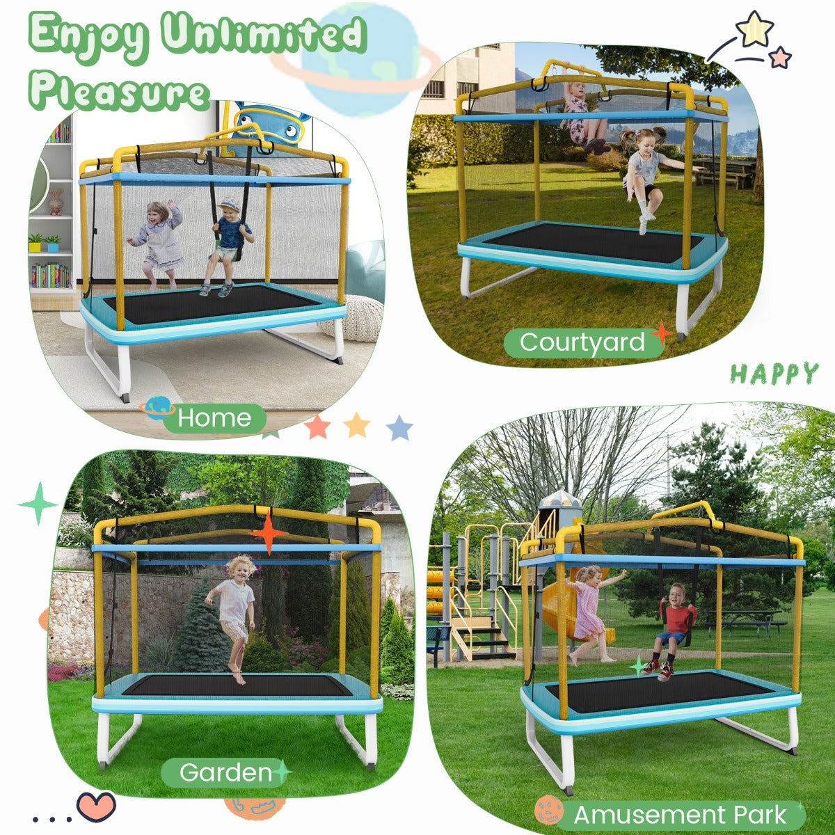 3-in-1 Rectangle Trampoline for Kids with Swing and Horizontal Bar