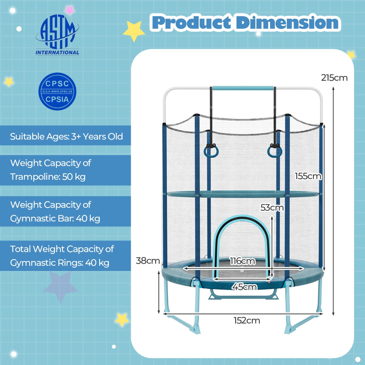 Toddler Trampoline with Gymnastic Bar and Rings