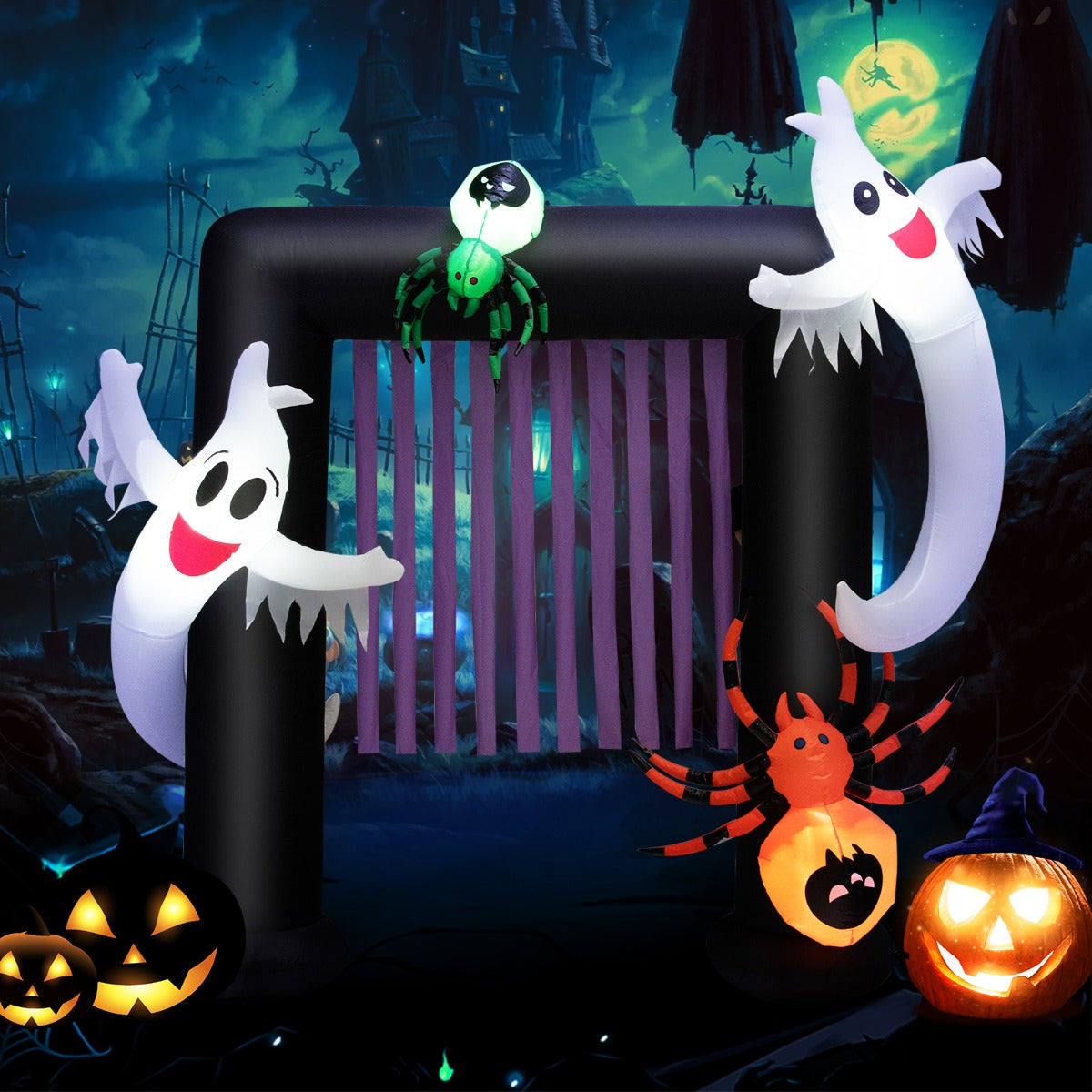 230CM Halloween Inflatable Archway with 2 Haunted Ghosts & 2 Spiders