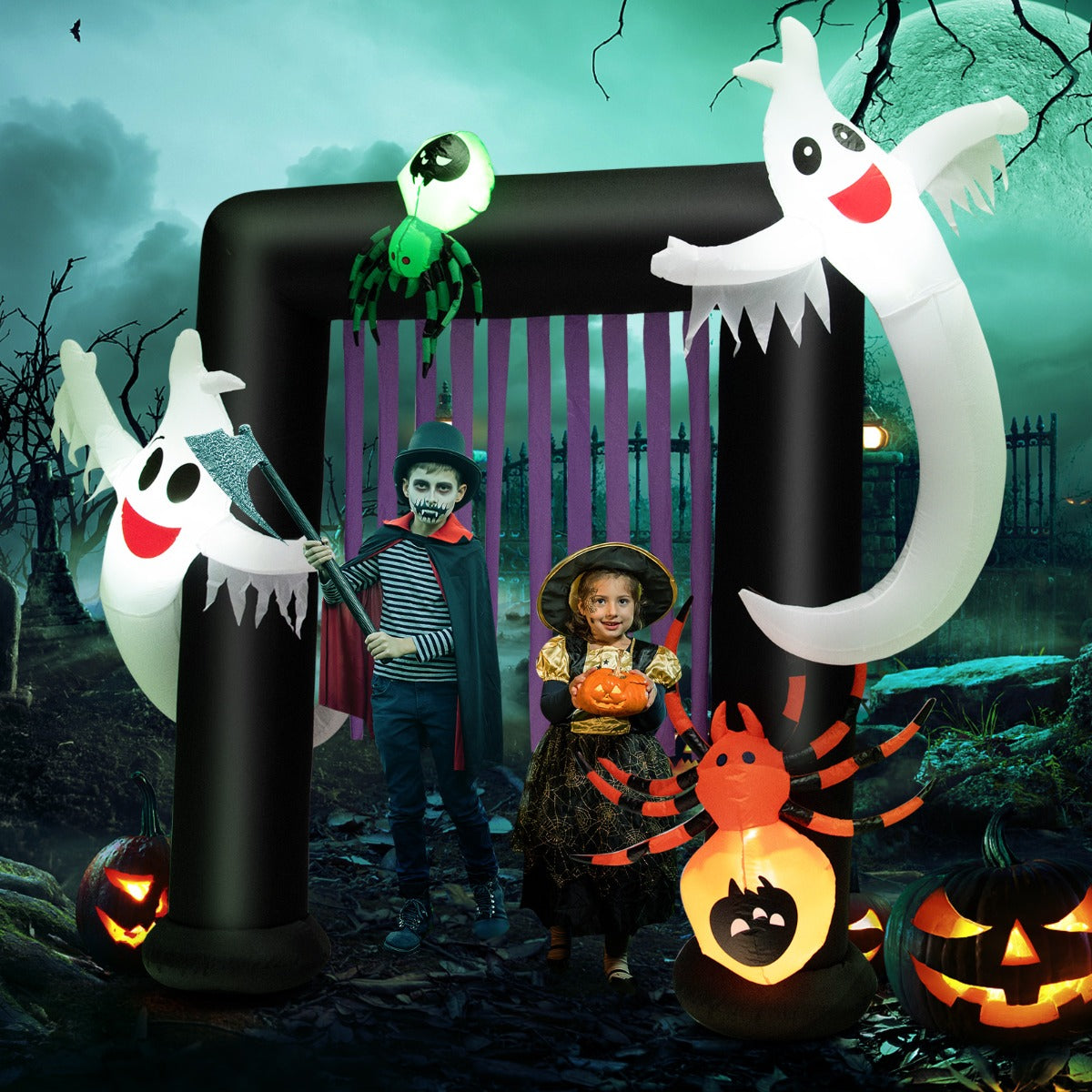 230CM Halloween Inflatable Archway with 2 Haunted Ghosts & 2 Spiders