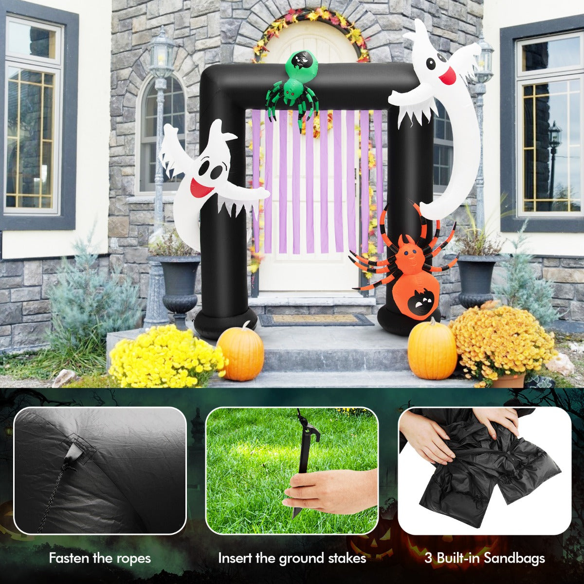 230CM Halloween Inflatable Archway with 2 Haunted Ghosts & 2 Spiders