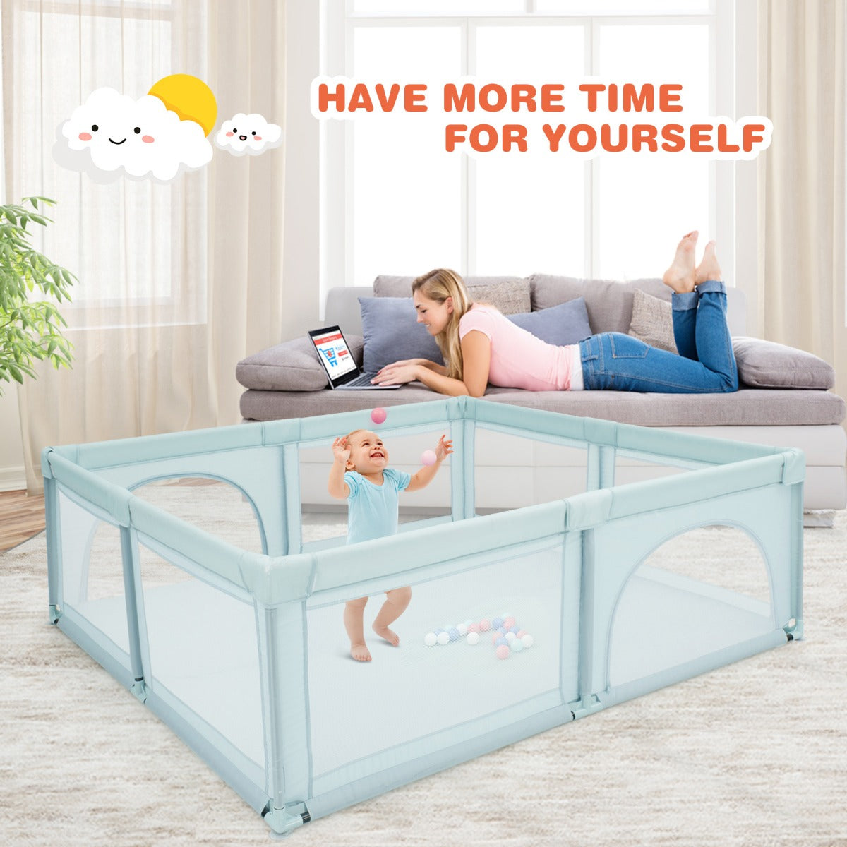 Extra Large Baby Playpen with Safety Gates and Mesh Walls