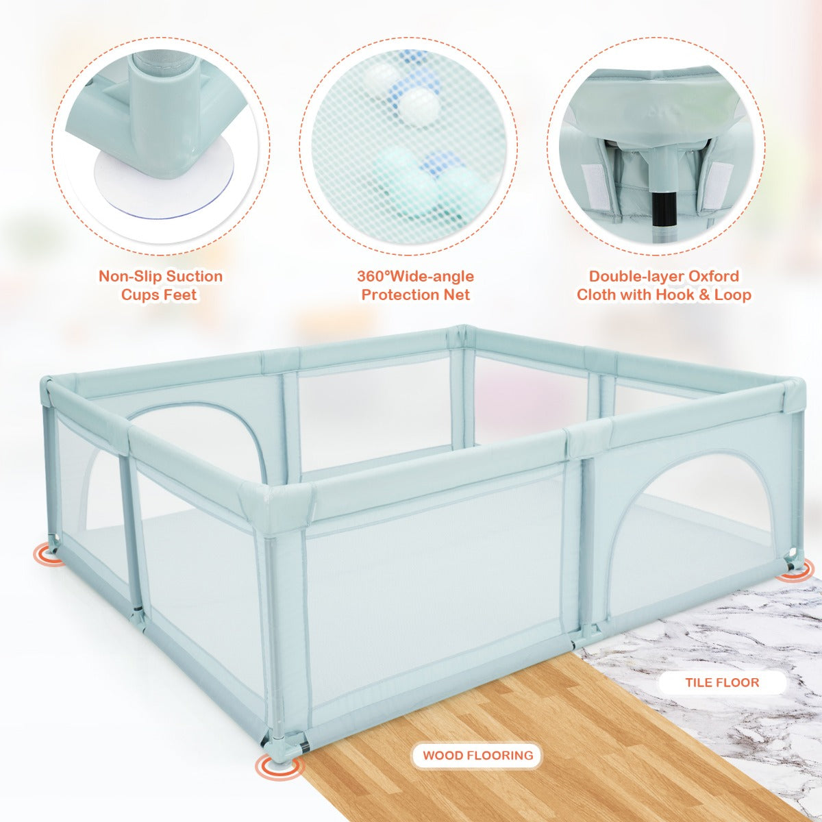 Extra Large Baby Playpen with Safety Gates and Mesh Walls