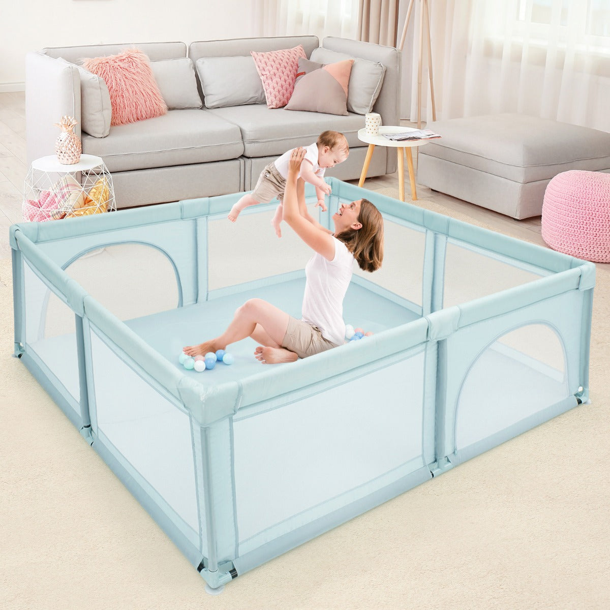 Extra Large Baby Playpen with Safety Gates and Mesh Walls