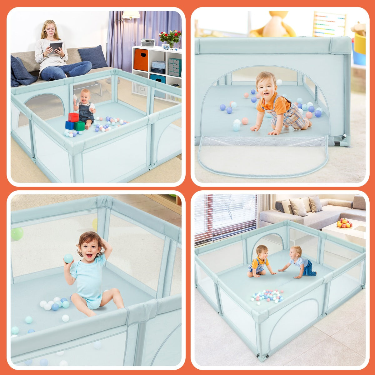 Extra Large Baby Playpen with Safety Gates and Mesh Walls