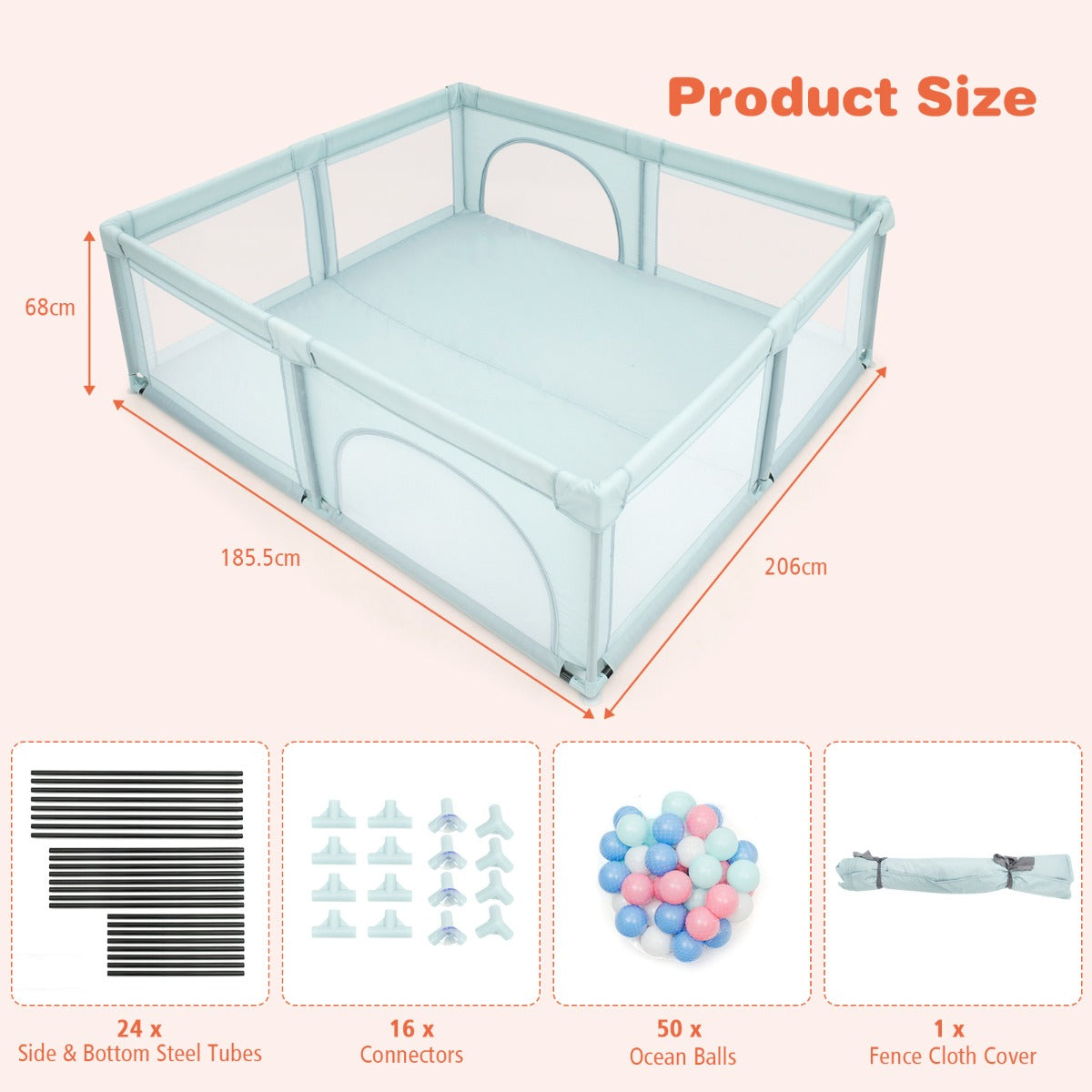 Extra Large Baby Playpen with Safety Gates and Mesh Walls