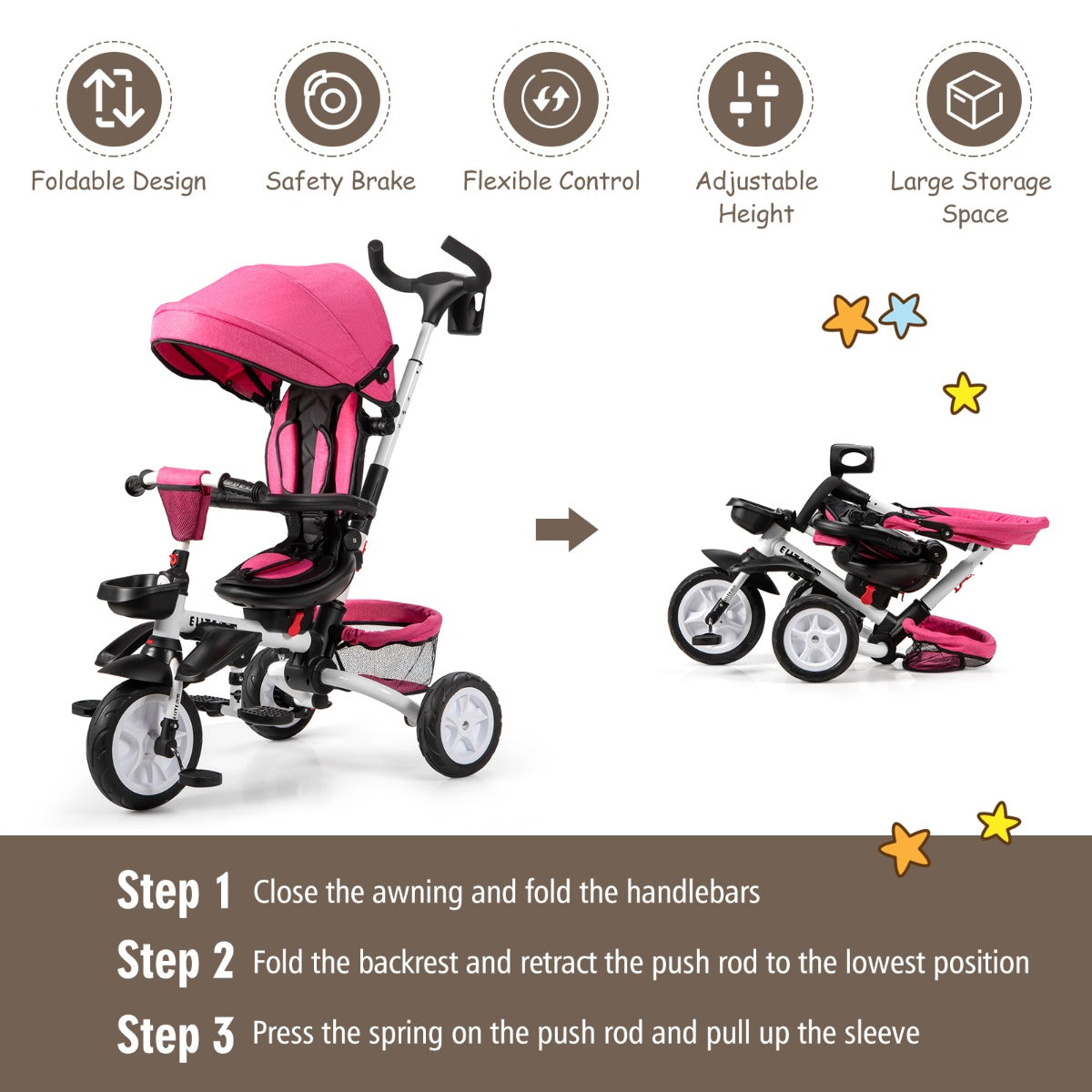 6-in-1 Folding Baby Tricycle with Adjustable & Removable Awning