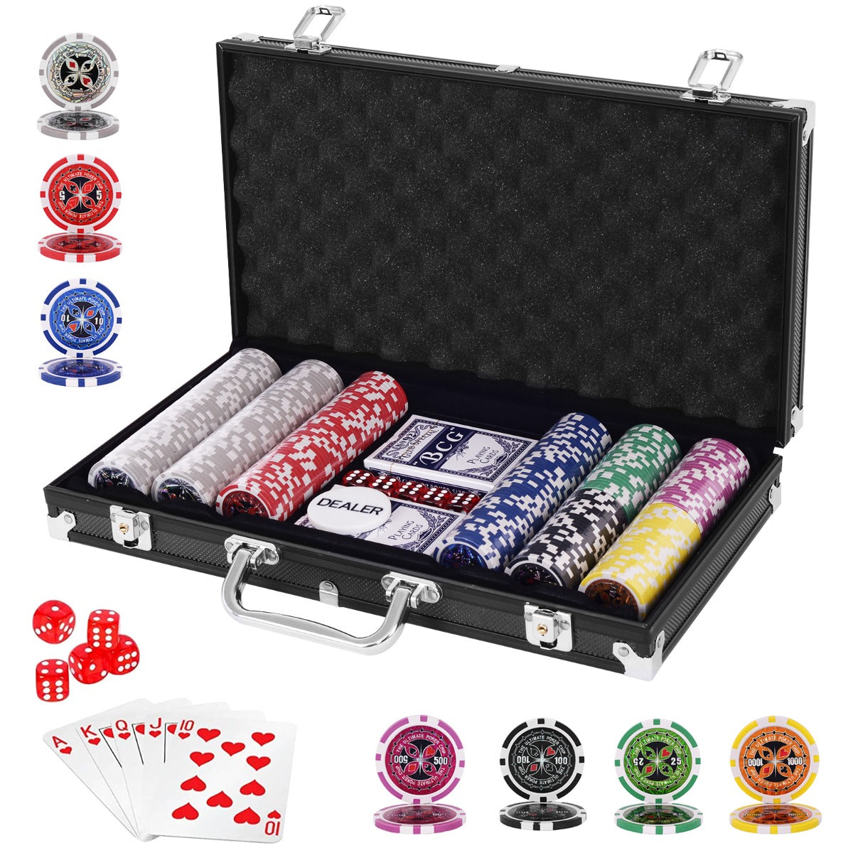 300 Pieces Casino Poker Chip Set with Aluminum Case for Party Game