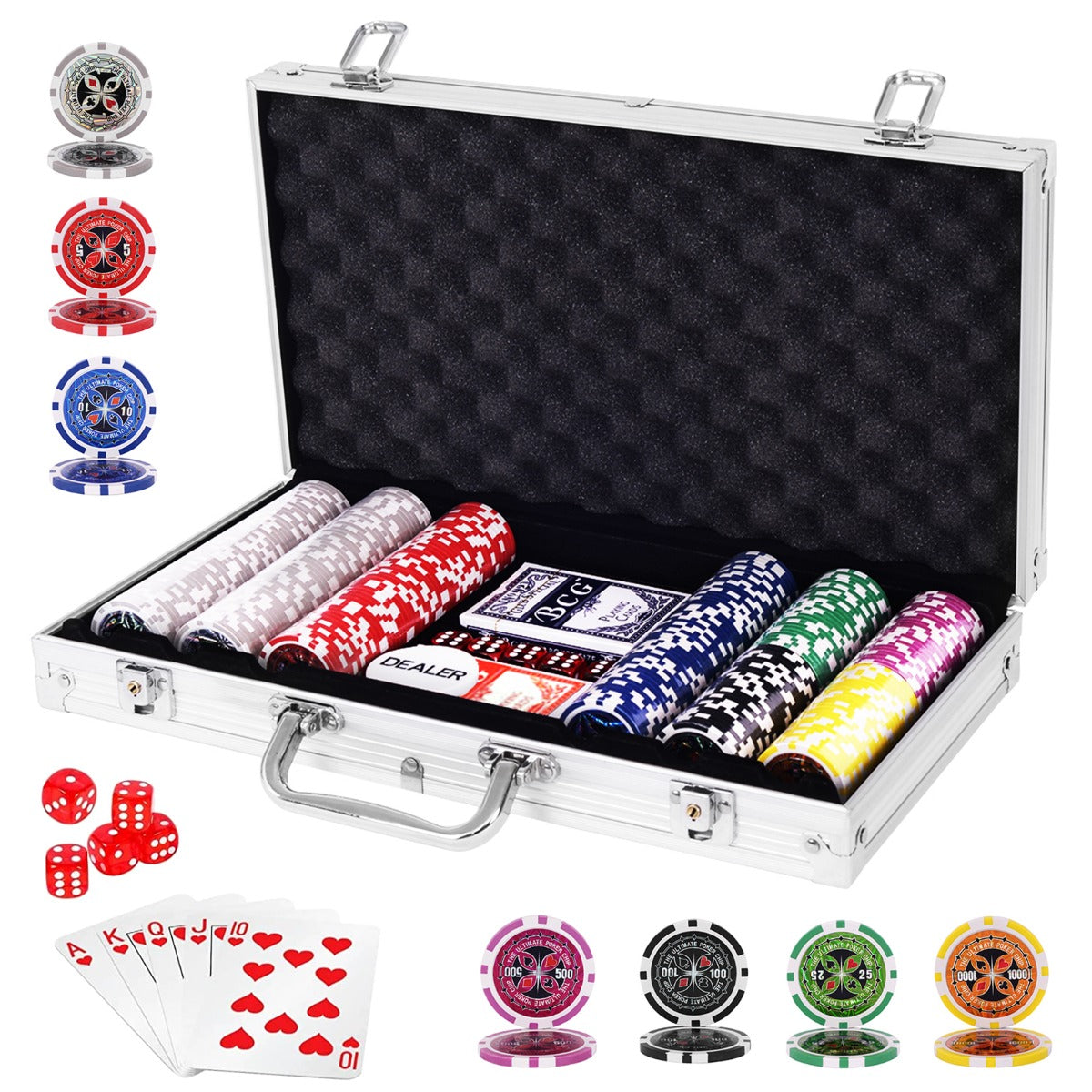 300 Pieces Casino Poker Chip Set with Aluminum Case for Party Game