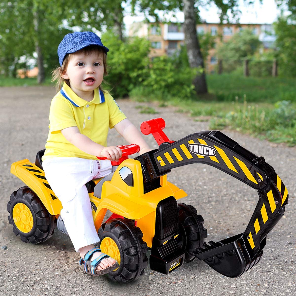 Kids Excavator Ride On Digger Toy with Safety Helmet