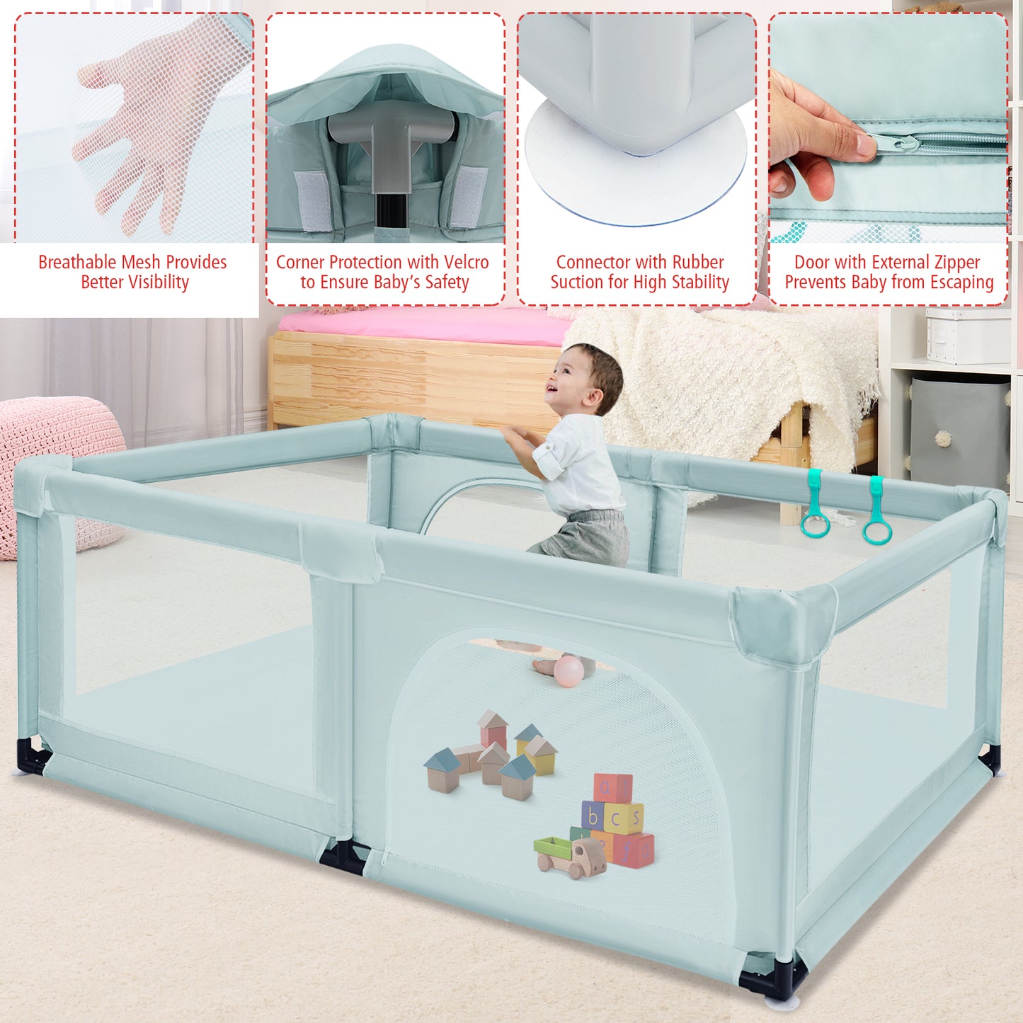 Baby Playpen Activity Centre with 50 Balls and Breathable Mesh Zipper Door