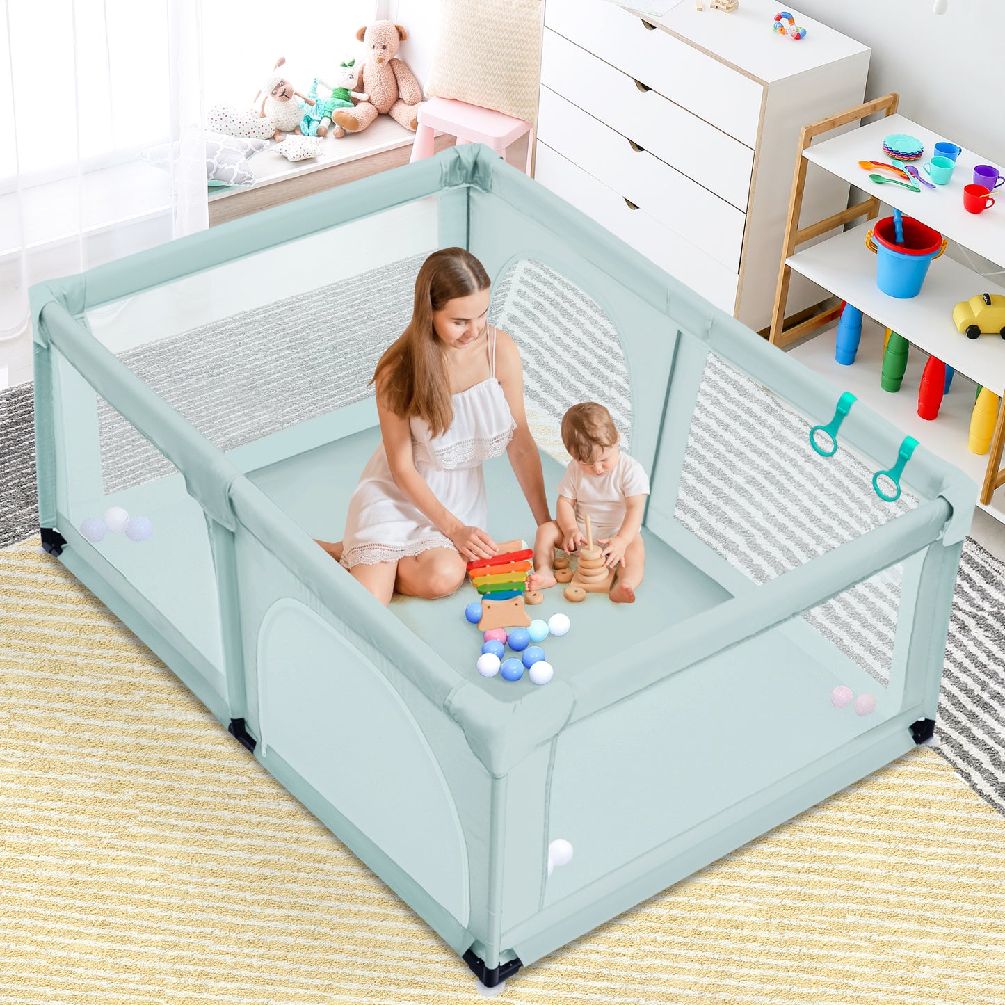 Baby Playpen Activity Centre with 50 Balls and Breathable Mesh Zipper Door