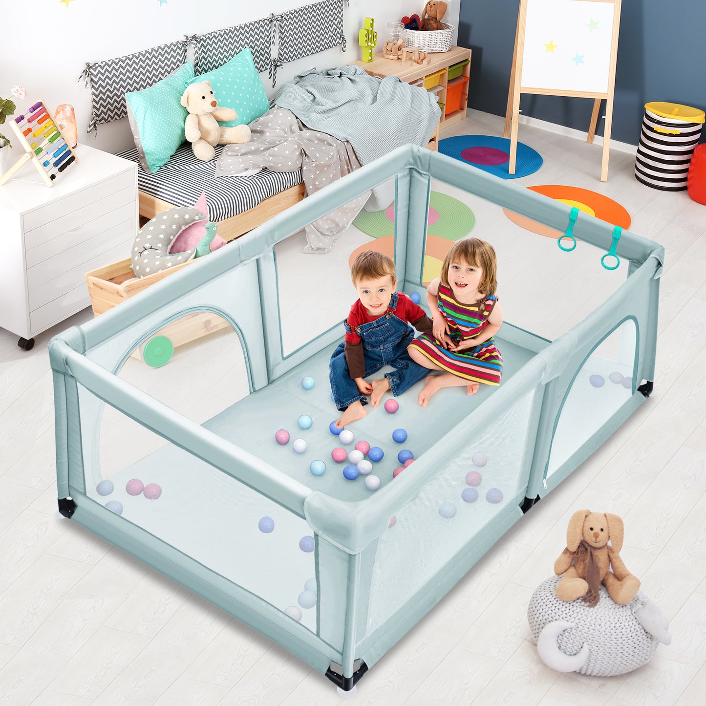 Baby Playpen Activity Centre with 50 Balls and Breathable Mesh Zipper Door