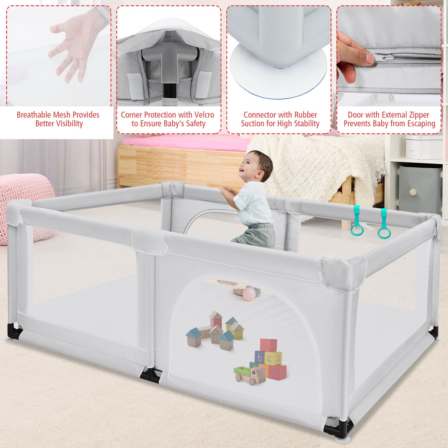 Baby Playpen Activity Centre with 50 Balls and Breathable Mesh Zipper Door