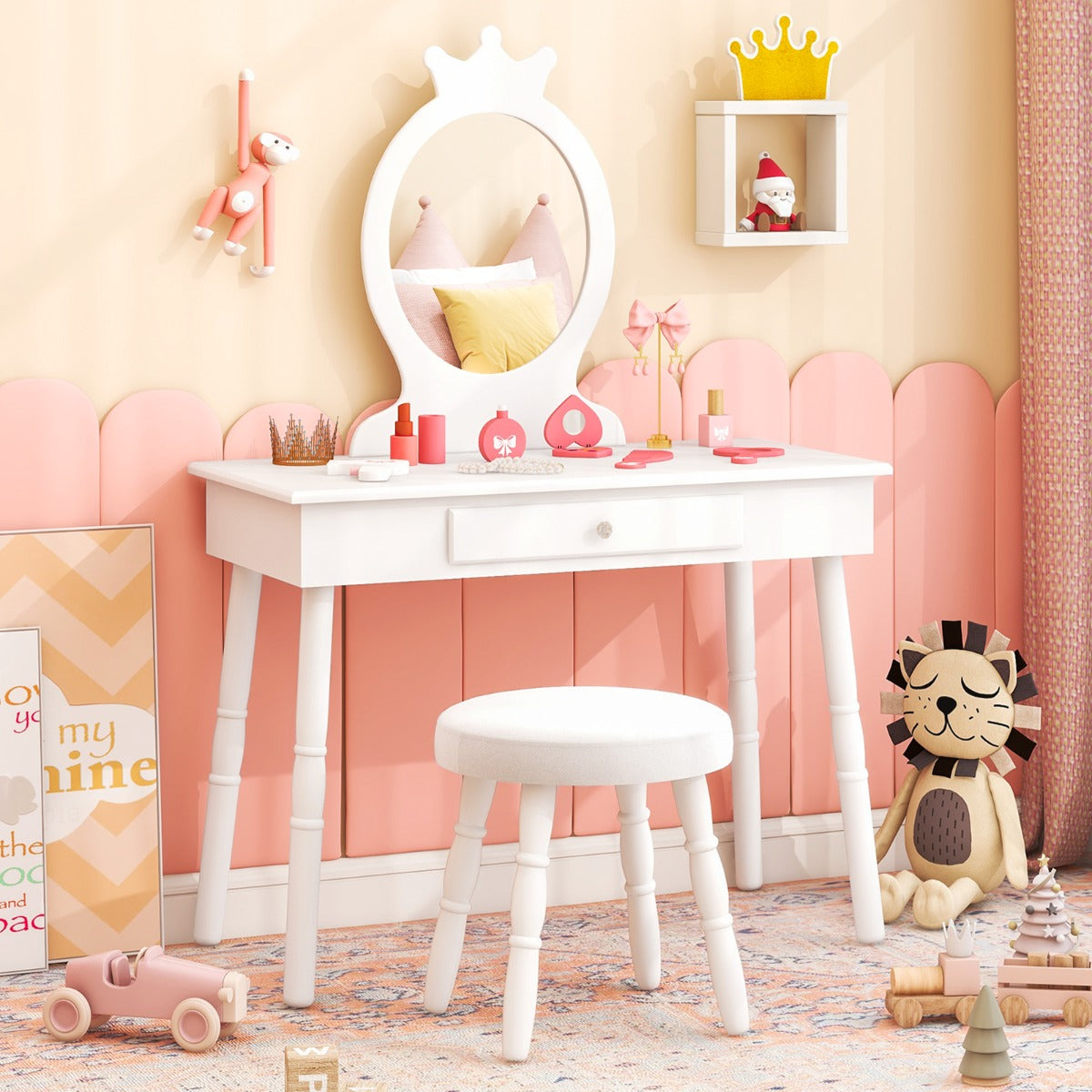 Vanity Makeup Table Set with Real Mirror for Little Girls