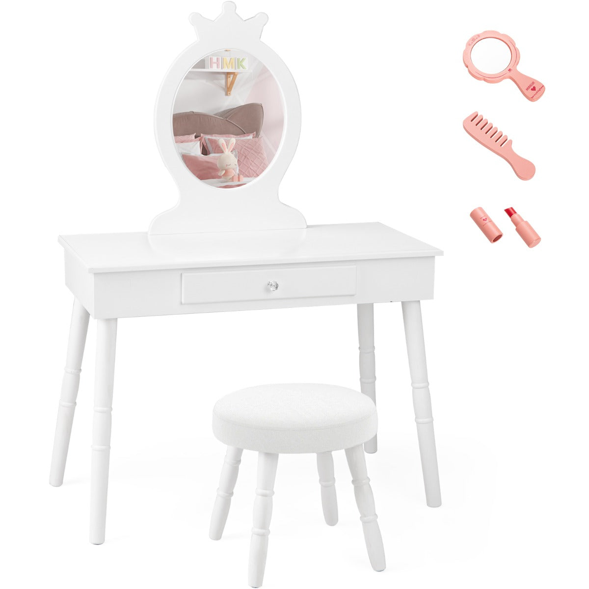 Vanity Makeup Table Set with Real Mirror for Little Girls