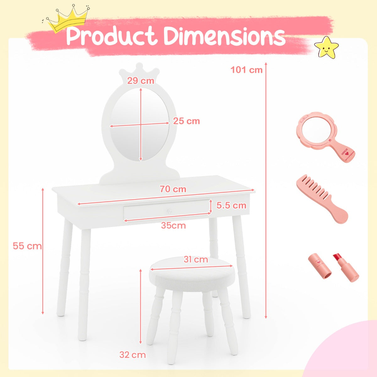 Vanity Makeup Table Set with Real Mirror for Little Girls