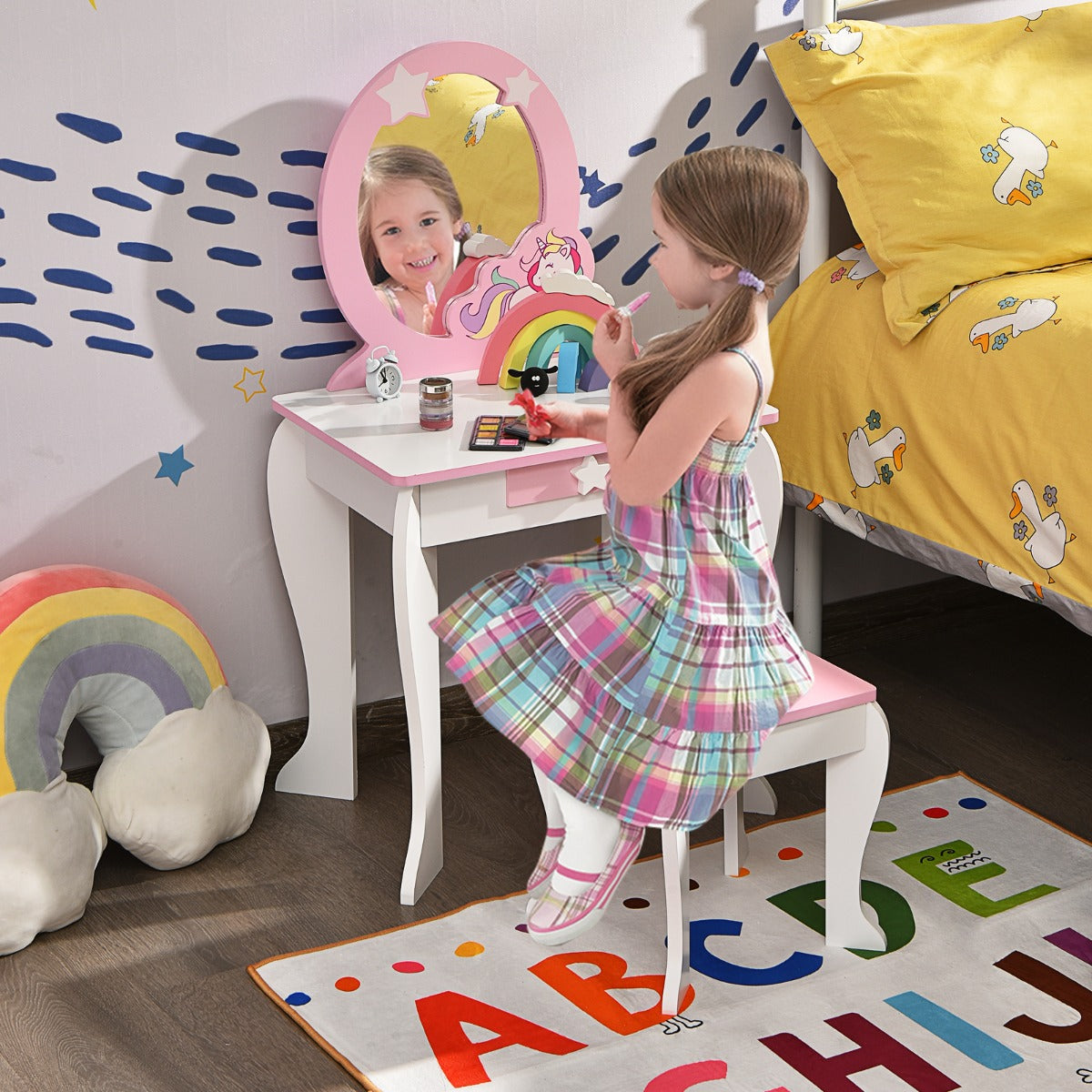 Kids Vanity Table and Chair Set with Mirror & Stool