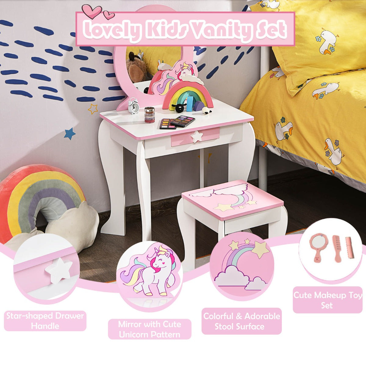 Kids Vanity Table and Chair Set with Mirror & Stool