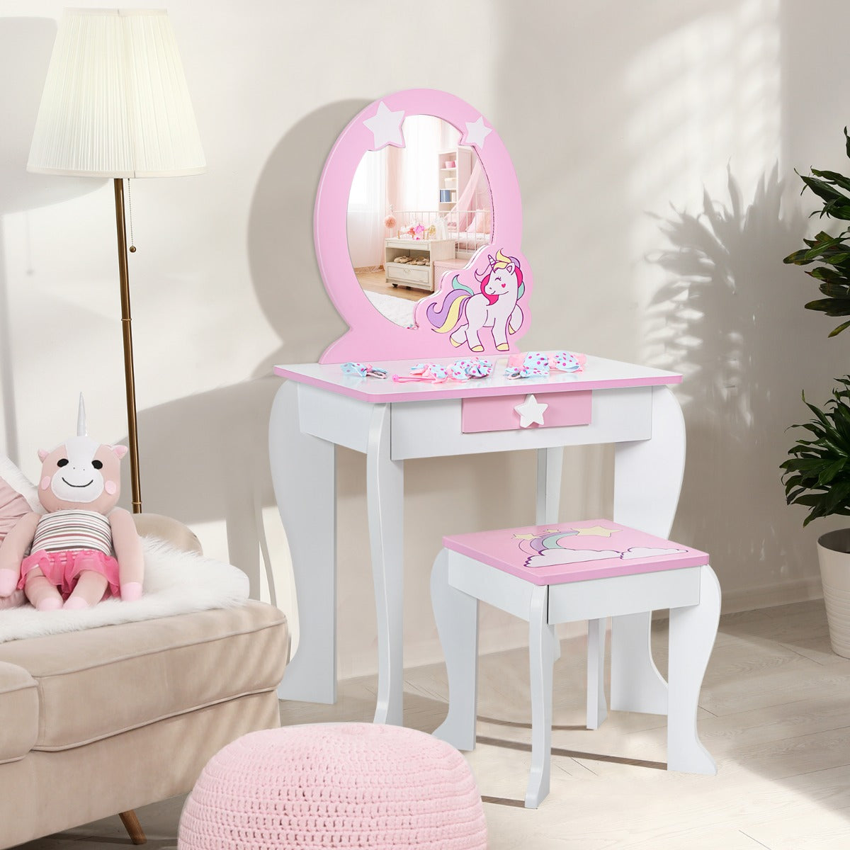 Kids Vanity Table and Chair Set with Mirror & Stool