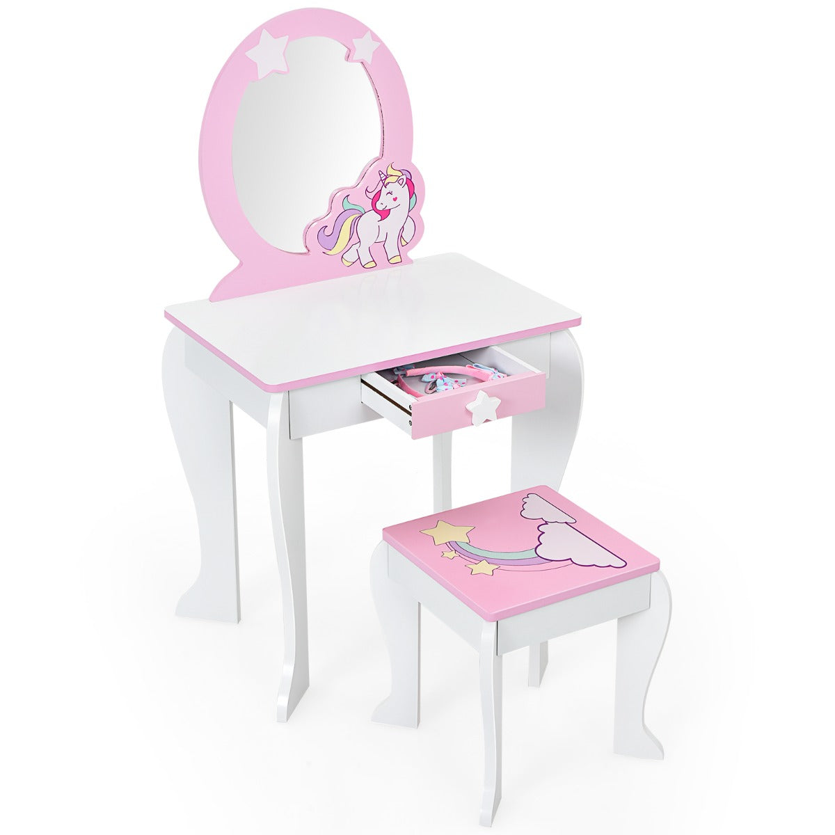 Kids Vanity Table and Chair Set with Mirror & Stool