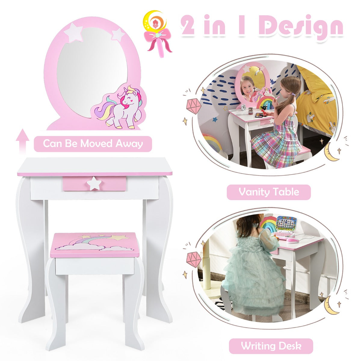 Kids Vanity Table and Chair Set with Mirror & Stool