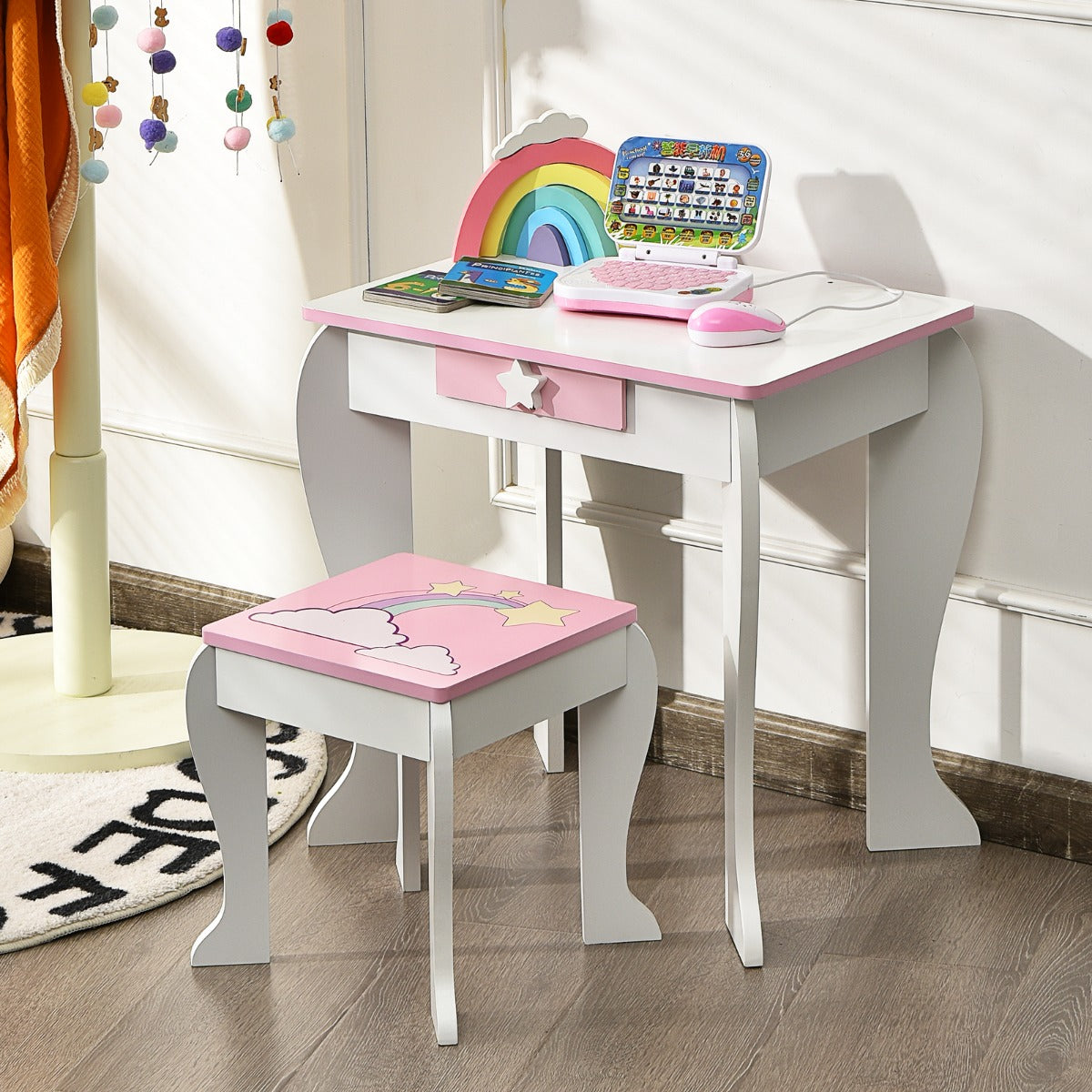 Kids Vanity Table and Chair Set with Mirror & Stool