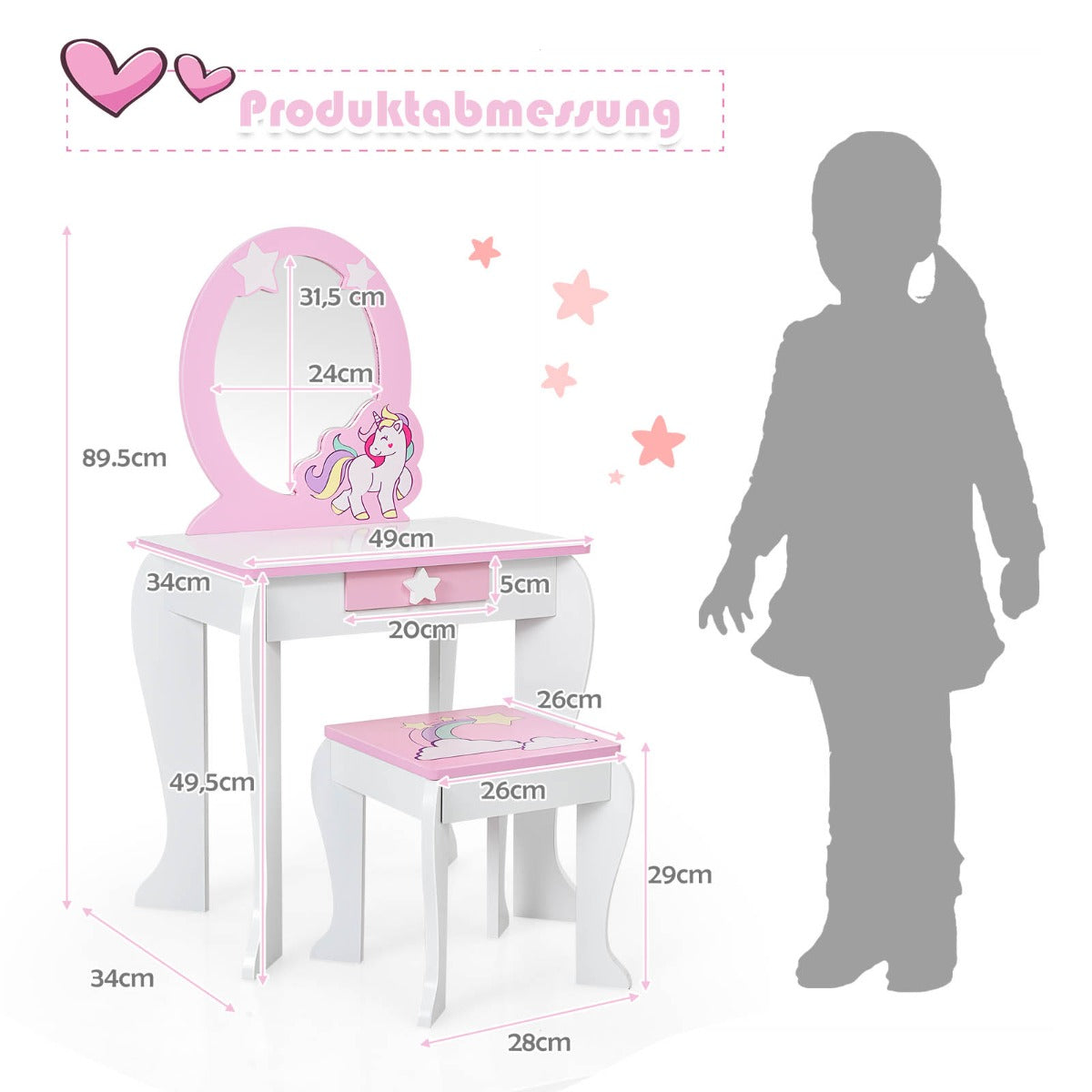 Kids Vanity Table and Chair Set with Mirror & Stool