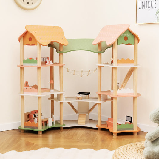 Wooden Dollhouse with 32 PCS Realistic Furniture Accessories and Roofs