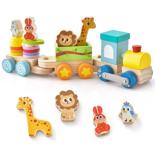 Wooden Stackable Educational Train Set with Colorful Animal Toys