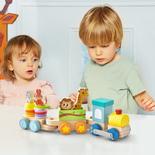 Wooden Stackable Educational Train Set with Colorful Animal Toys