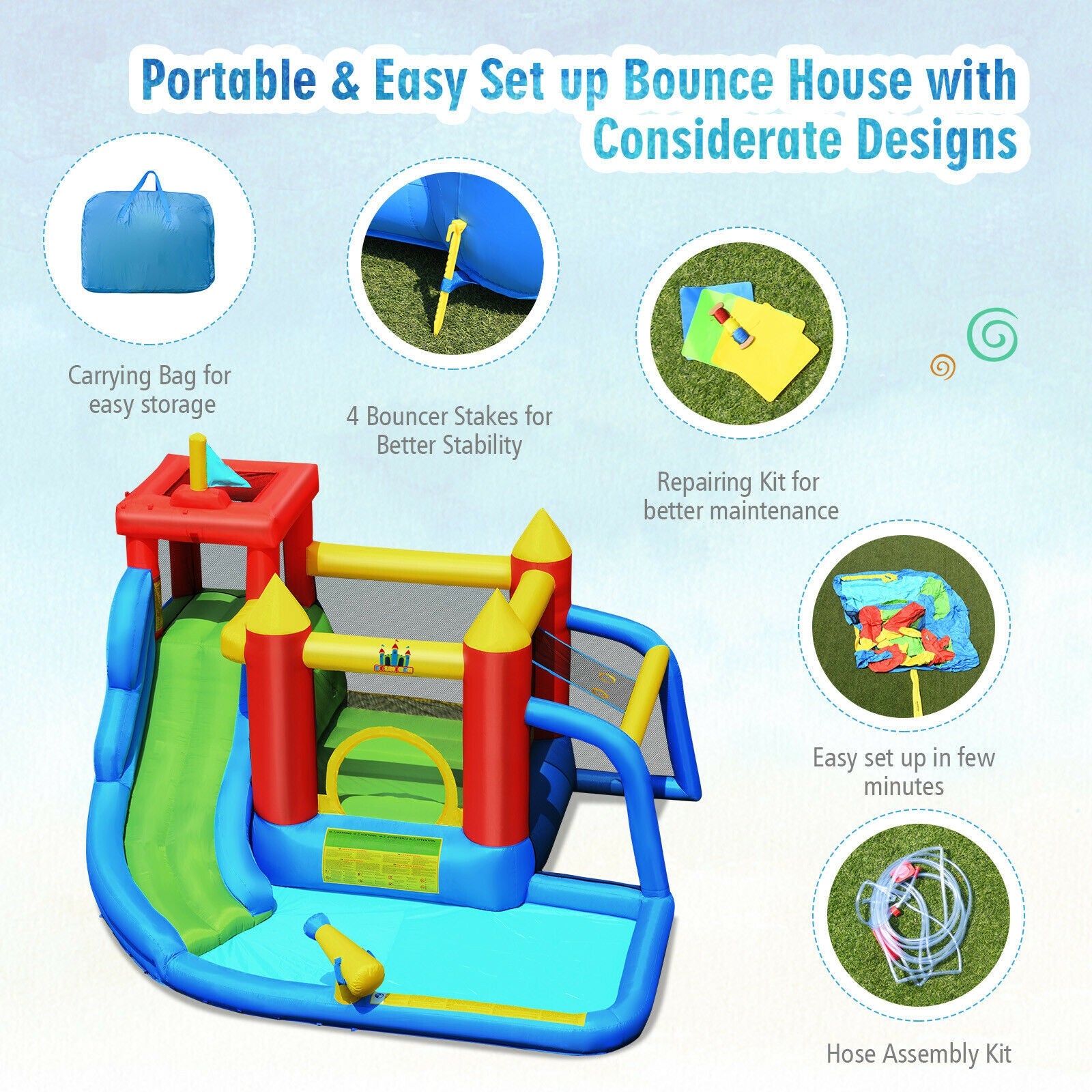 7-in-1 Inflatable Bouncer Bounce House with Water Slide Splash Pool without Blower