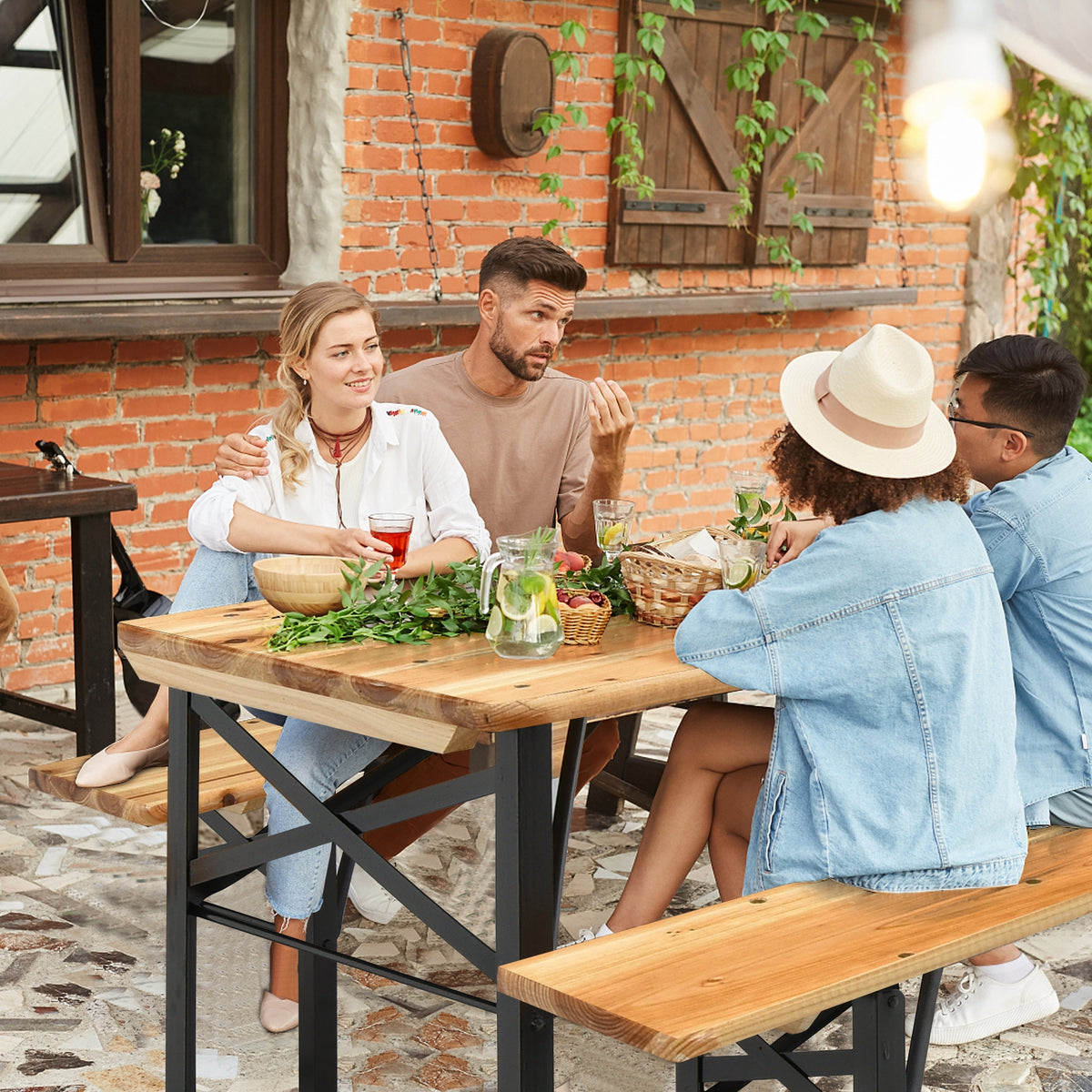 3 Pieces Folding Wooden Beer Table Bench Set for Picnic and Camping