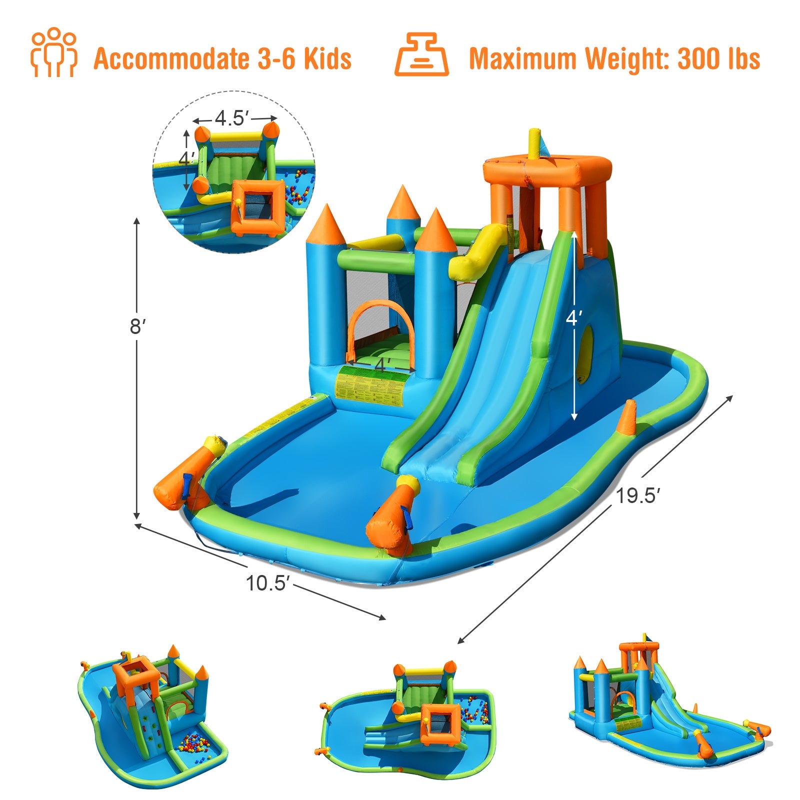 Inflatable Water Slide with Bounce House and Splash Pool without Blower