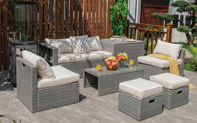 8 Pieces Patio Rattan Furniture Set with Storage Waterproof Cushion