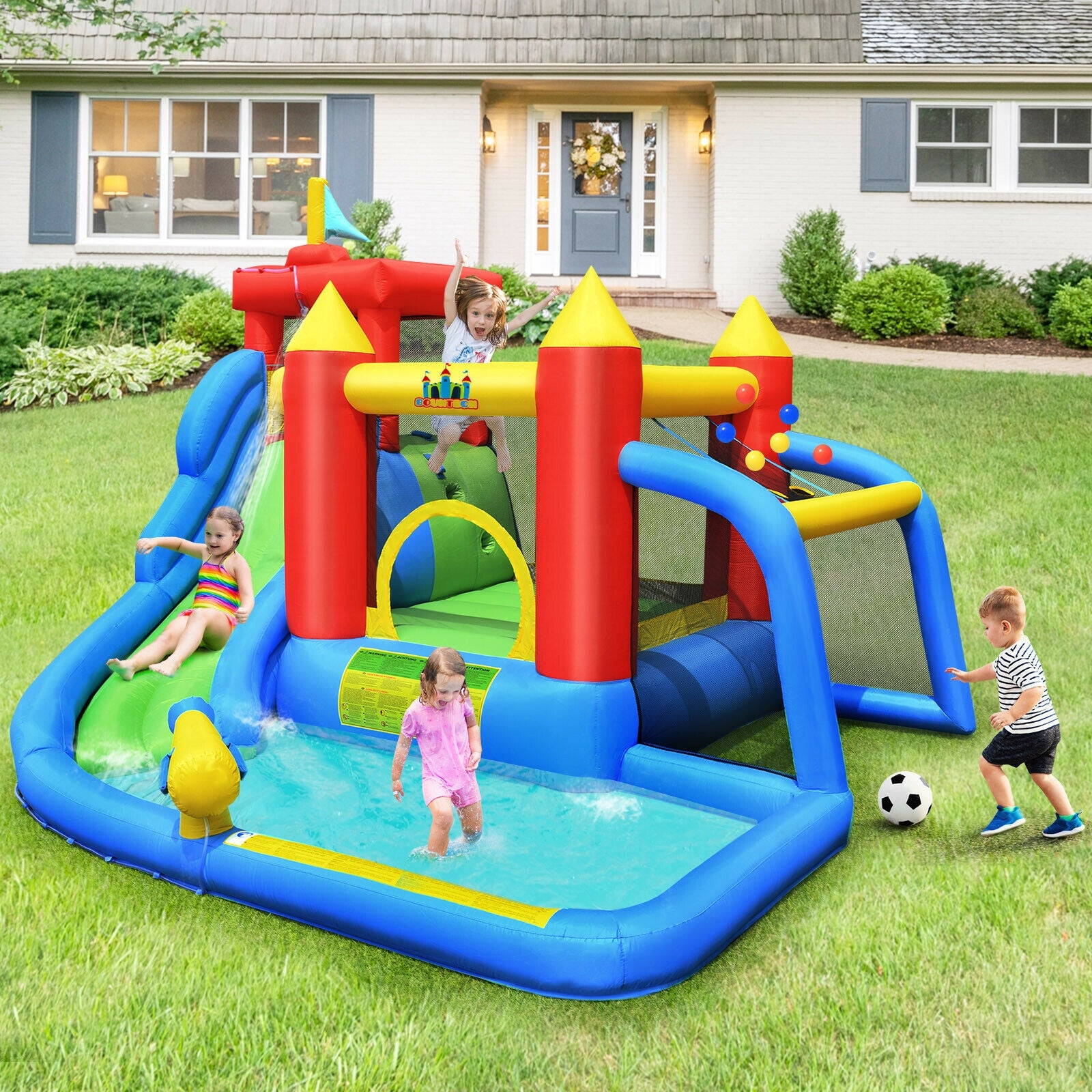 7-in-1 Inflatable Bouncer Bounce House with Water Slide Splash Pool without Blower