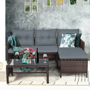 3 Piece Outdoor Patio Corner Rattan Sofa Set