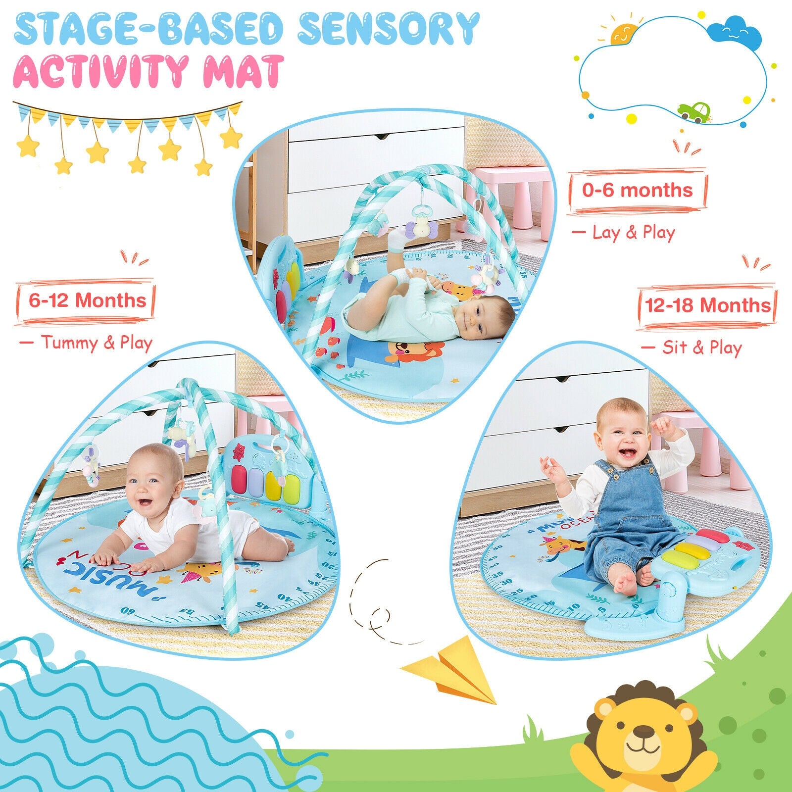 Hikidspace Baby Activity Play Mat with 5 Hanging Sensory Toys and Cushion