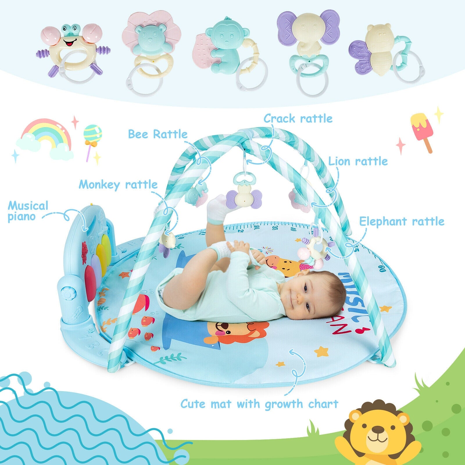 Hikidspace Baby Activity Play Mat with 5 Hanging Sensory Toys and Cushion