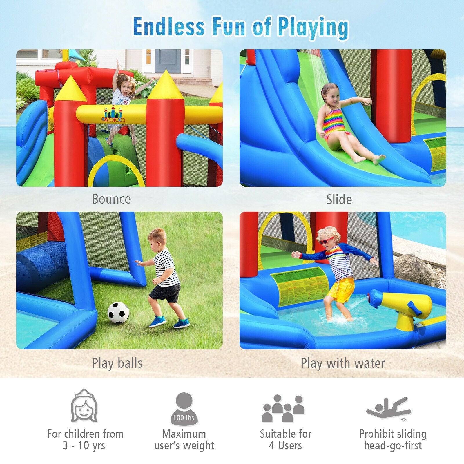 7-in-1 Inflatable Bouncer Bounce House with Water Slide Splash Pool without Blower